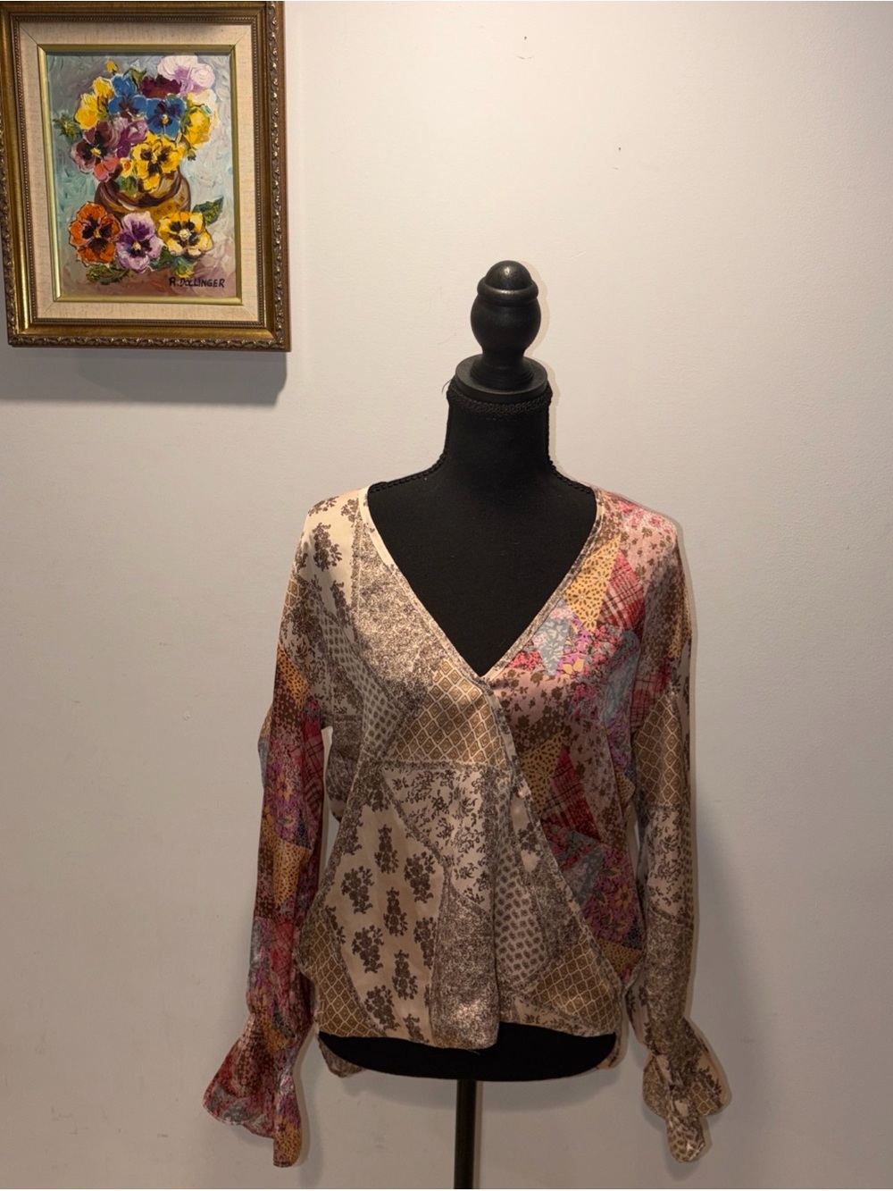 Patchwork Floral Long Sleeve Top  Blouse Boho Gypsy Hippie Paisley Peasant bell